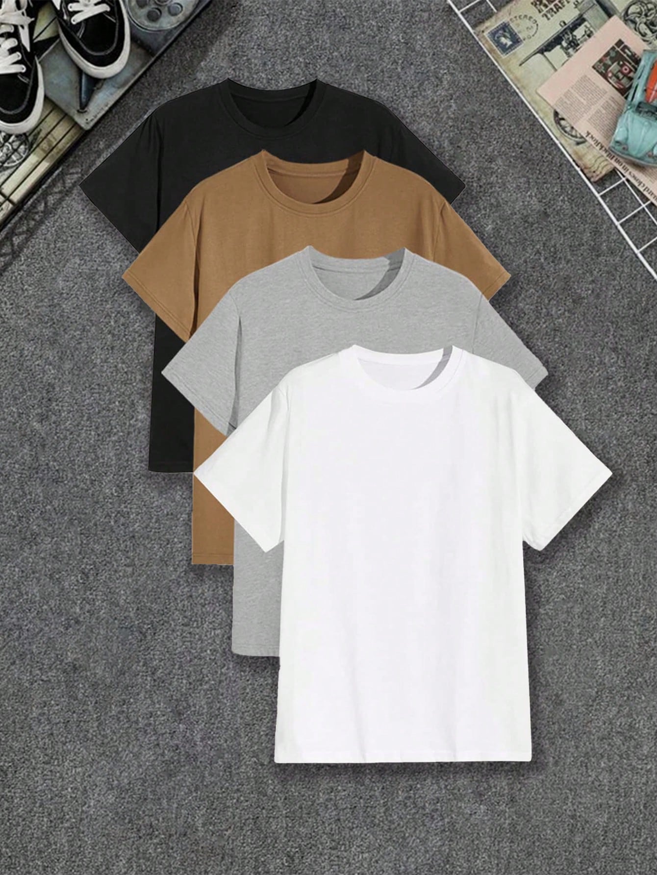 Men's Casual Slim Fit 4pcs Round Neck Short Sleeve Tees - Solid Color