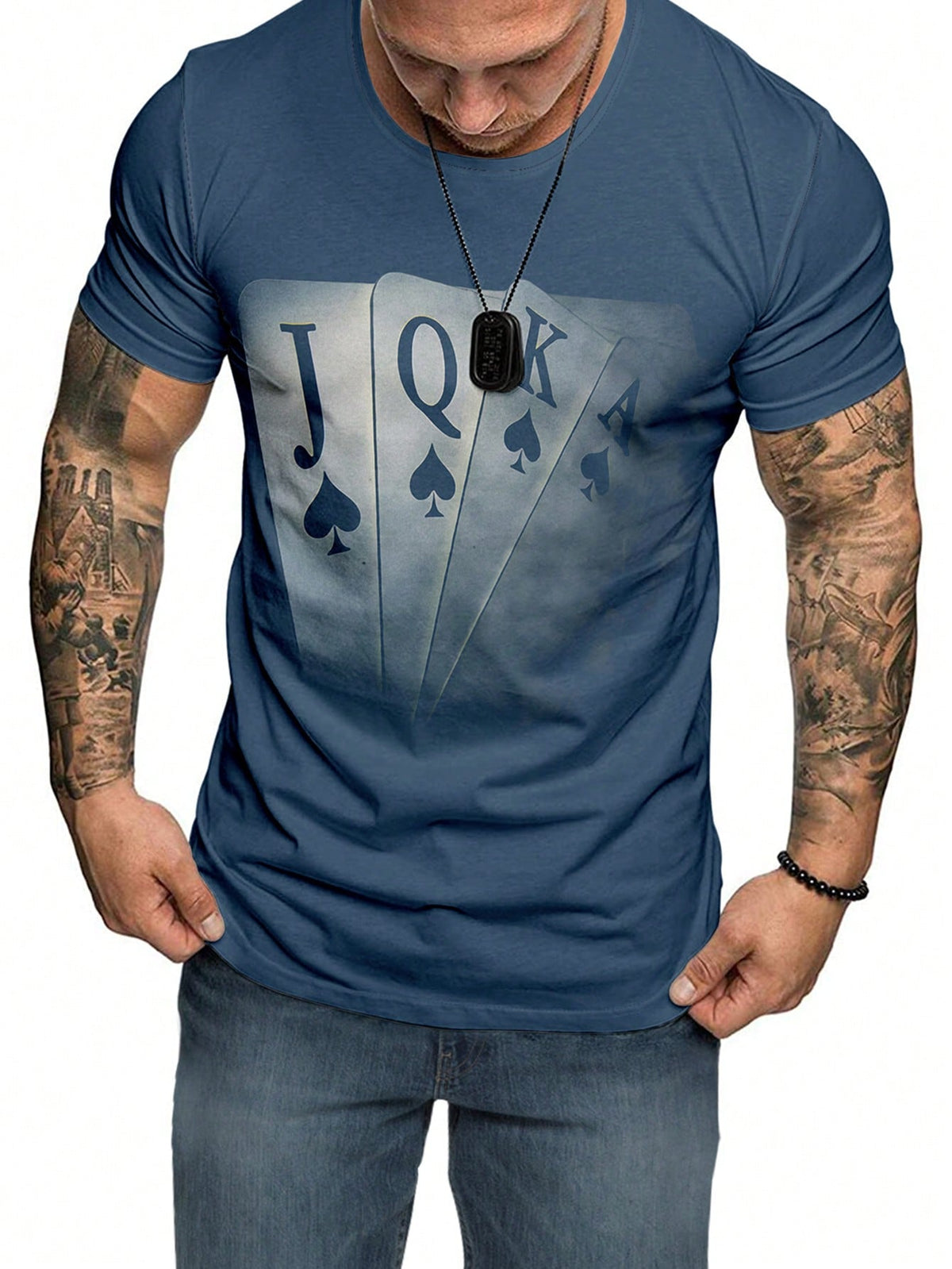 Men's Casual Playing Card Print Tee, Round Neck, Short Sleeve, Medium Stretch