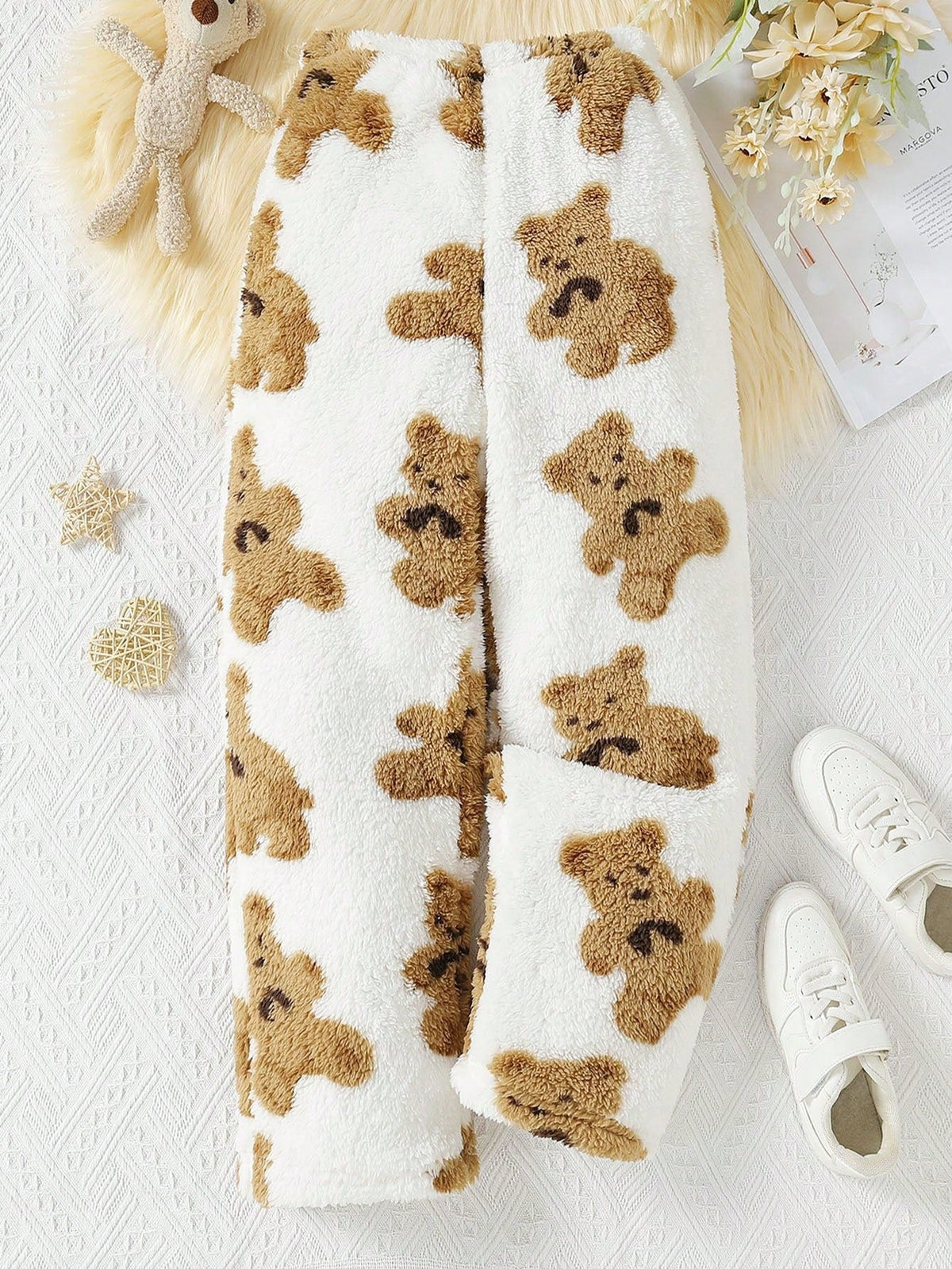 Tween Girl Casual Bear Print Teddy Pants - Elastic Waist, Straight Leg, 100% Polyester