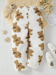 Tween Girl Casual Bear Print Teddy Pants - Elastic Waist, Straight Leg, 100% Polyester