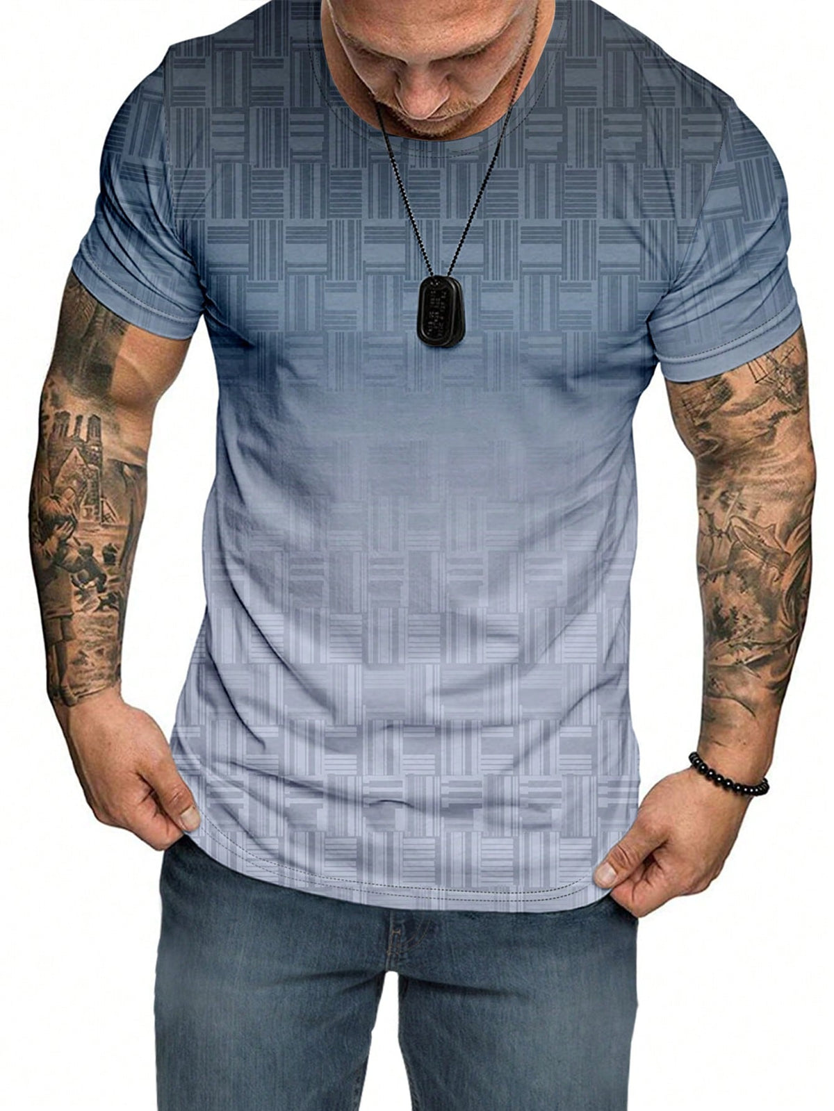 Men's Casual Ombre Print Tee, Round Neck, Short Sleeve, Regular Fit