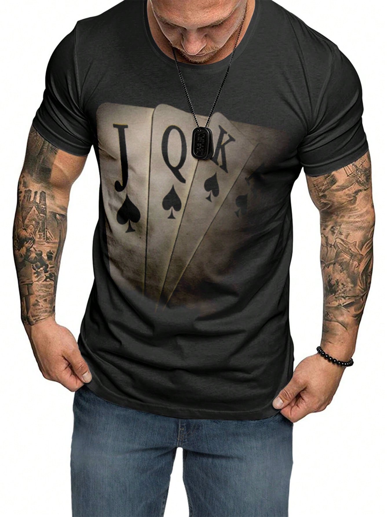 Men's Casual Playing Card Print Tee, Round Neck, Short Sleeve, Medium Stretch