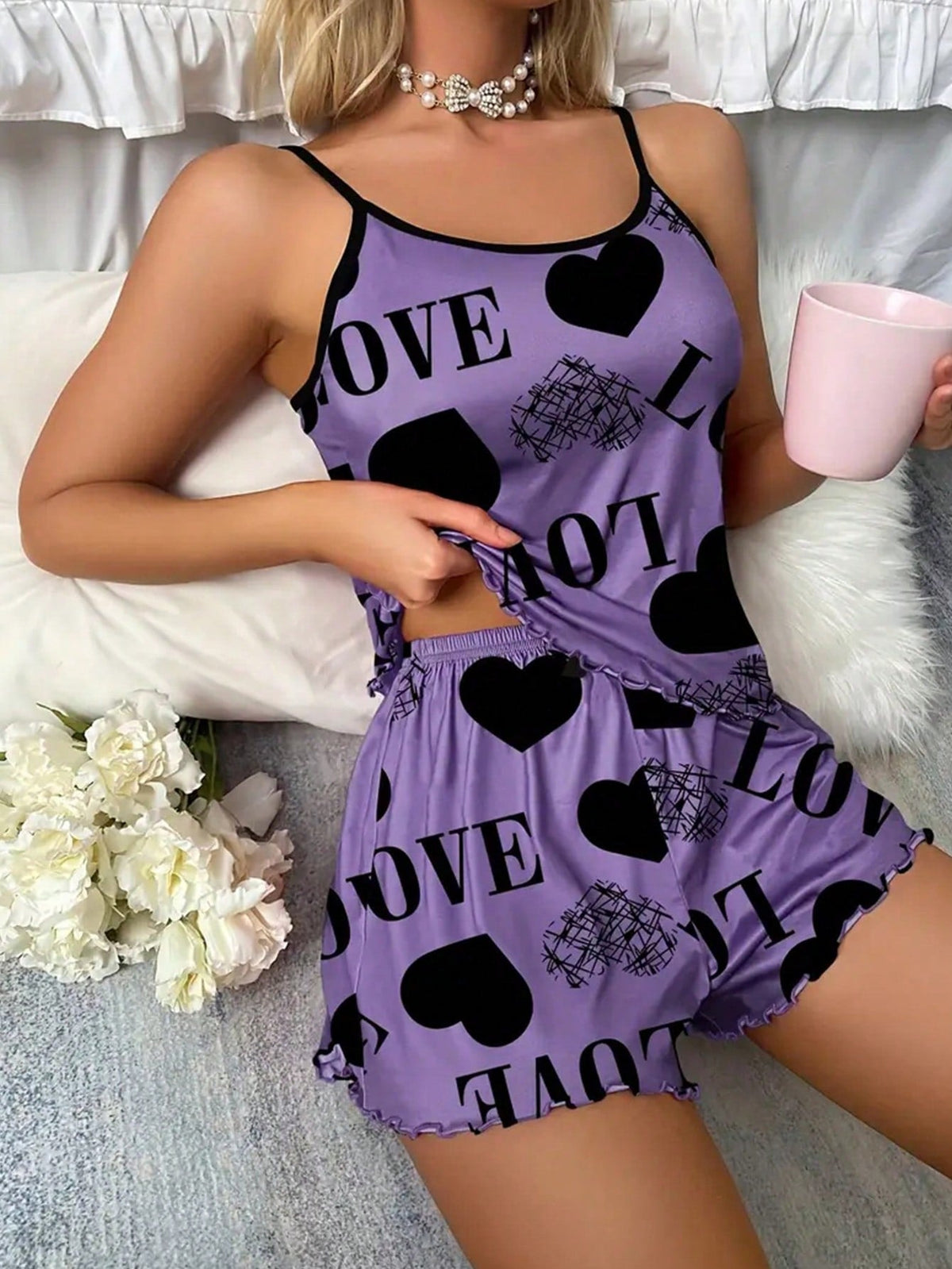 Heart & Letter Graphic Contrast Binding Lettuce Trim PJ Set / Pajama Set