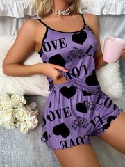 Heart & Letter Graphic Contrast Binding Lettuce Trim PJ Set / Pajama Set