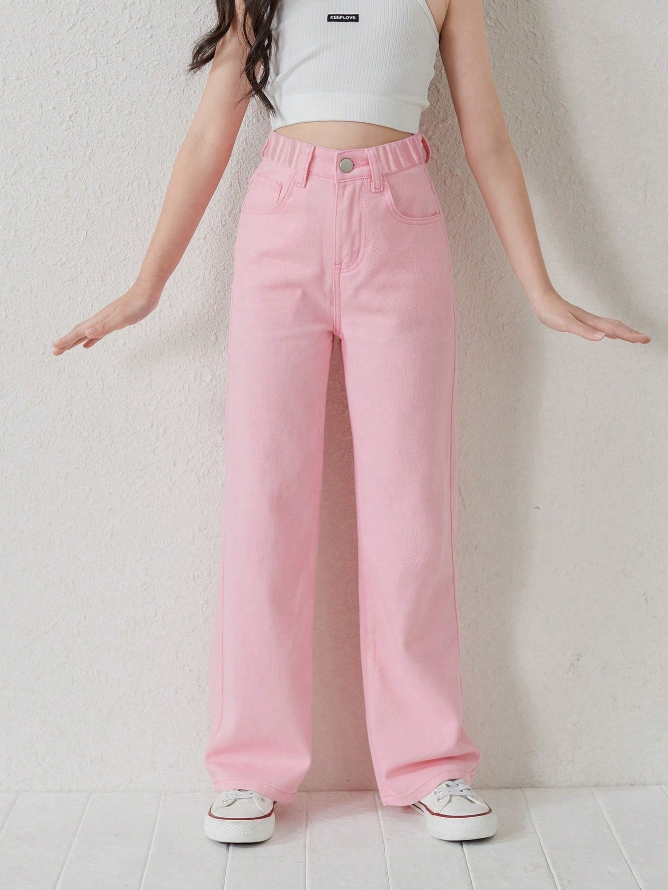 Tween Girl Loose Fit High Waist Pink Denim Jeans - Wide Leg, Zipper Fly, 100% Cotton