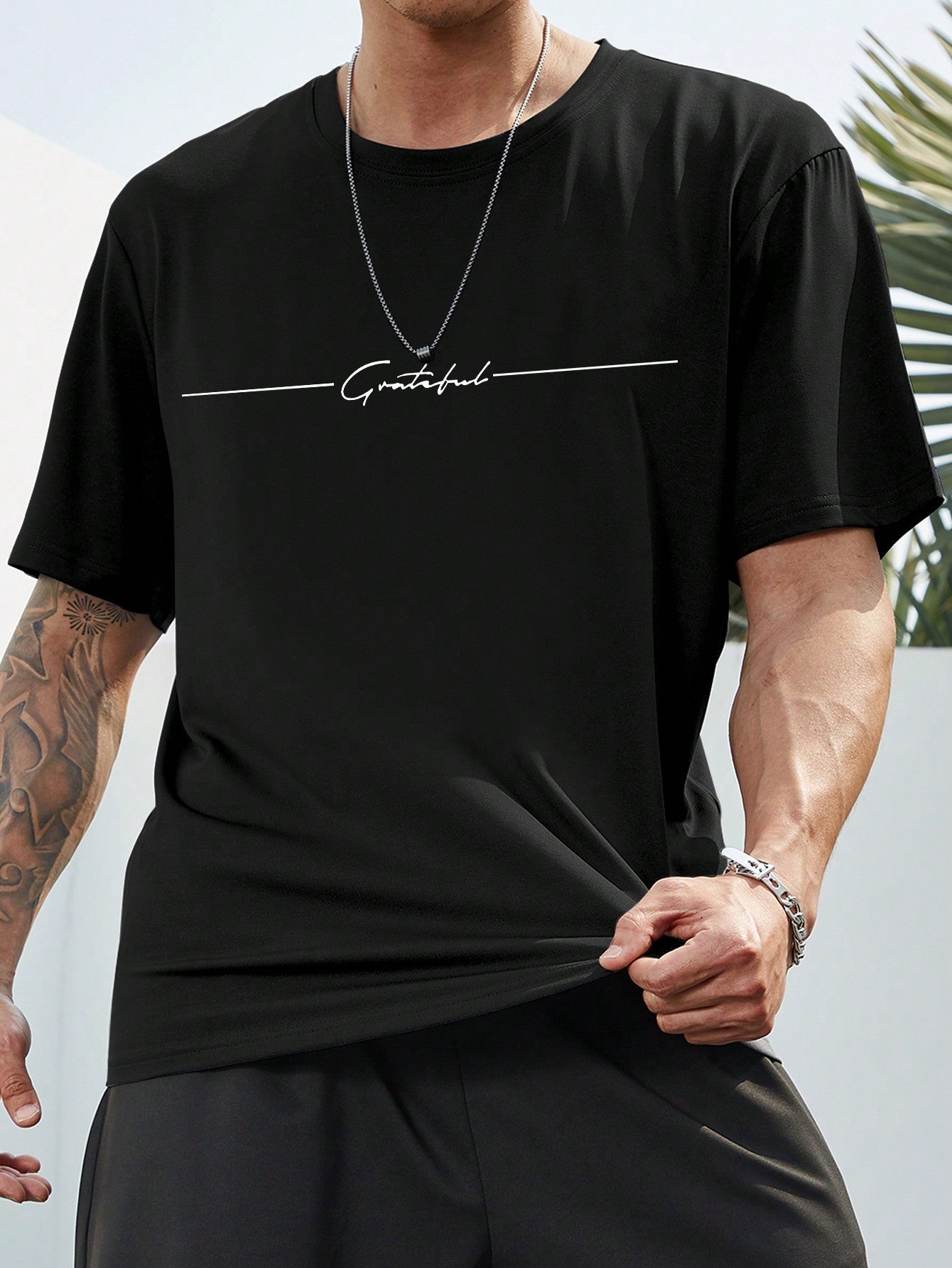 Men's Casual Slim Fit Letter Graphic Tee, Drop Shoulder, Half Sleeve