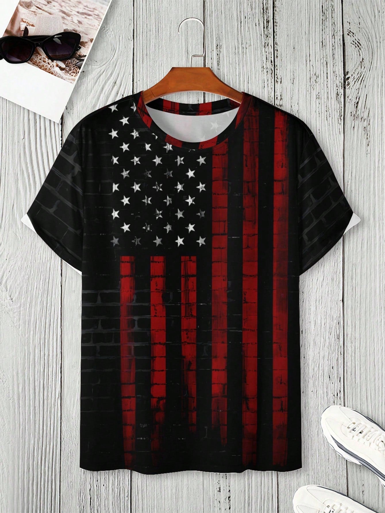 Men's Casual Americana Flag Print Tee, Round Neck, Short Sleeve, Regular Fit