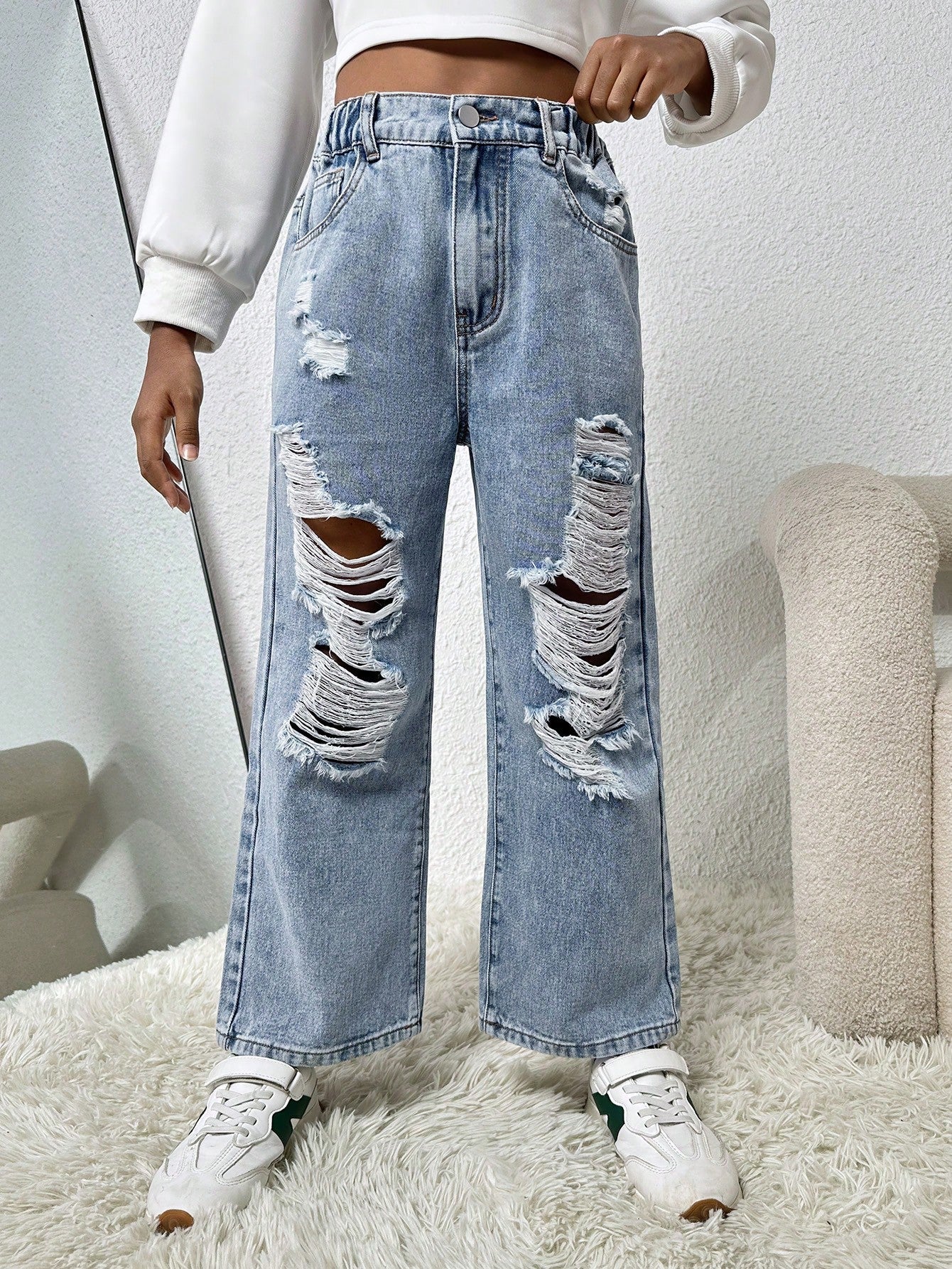 Tween Girls' Cool Ripped Baggy Jeans - Wide Leg, Zipper Fly, Natural Waist, Denim