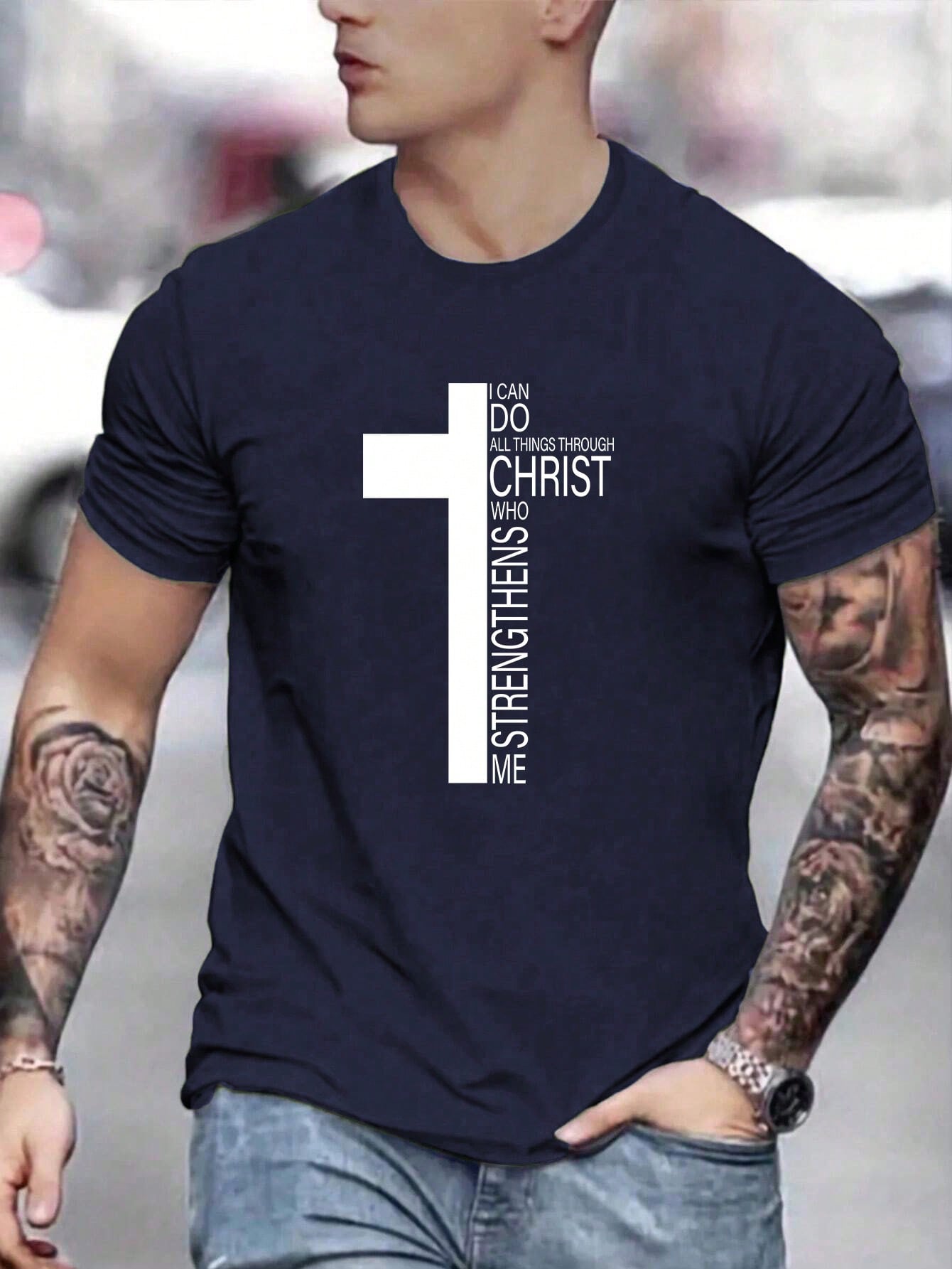 Men's Casual Summer Slogan T-Shirt, Cross Print, Round Neck, Short Sleeve