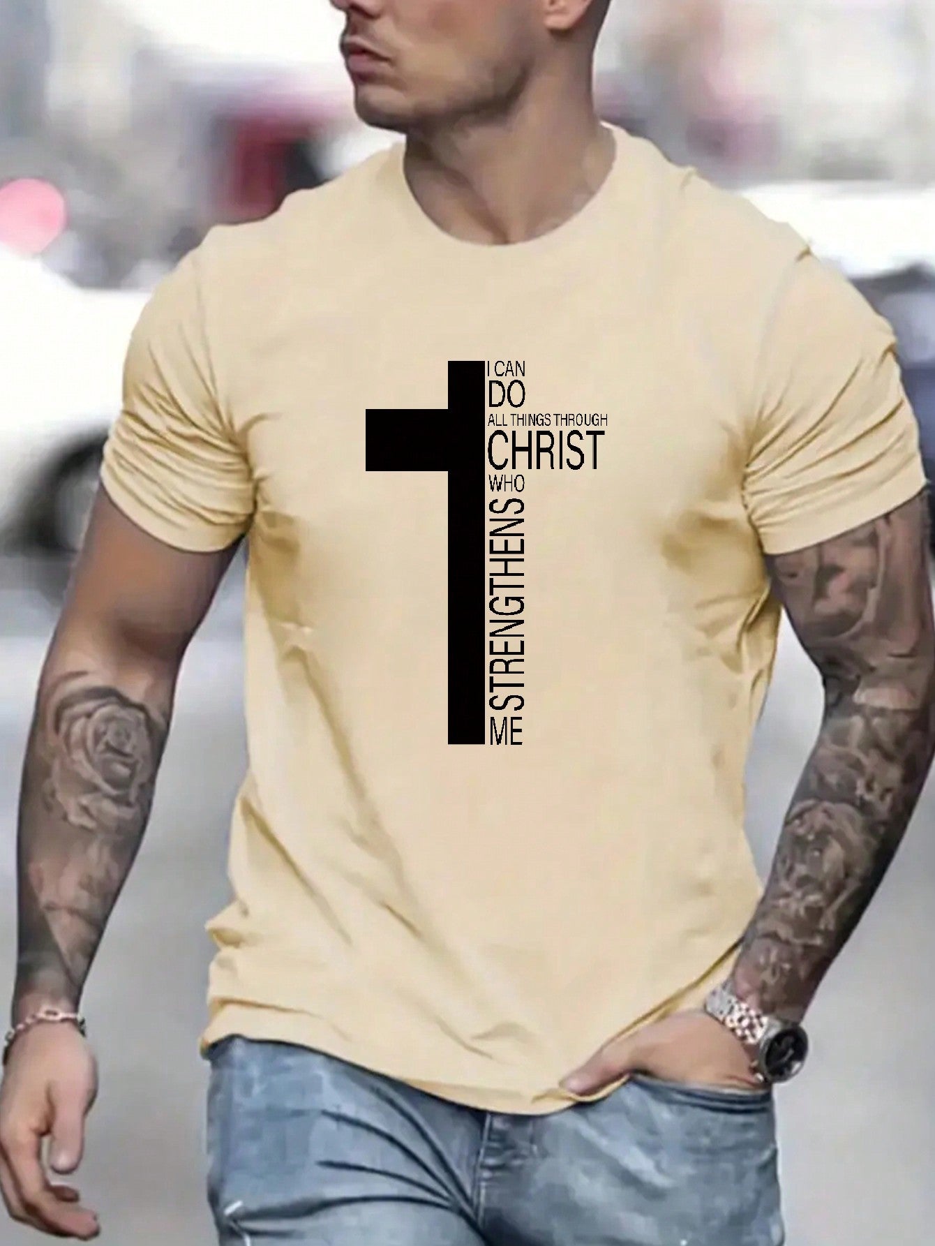 Men's Casual Summer Slogan T-Shirt, Cross Print, Round Neck, Short Sleeve