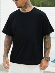 Men's Casual Solid Round Neck Tee - High Stretch, Short Sleeve, Regular Fit