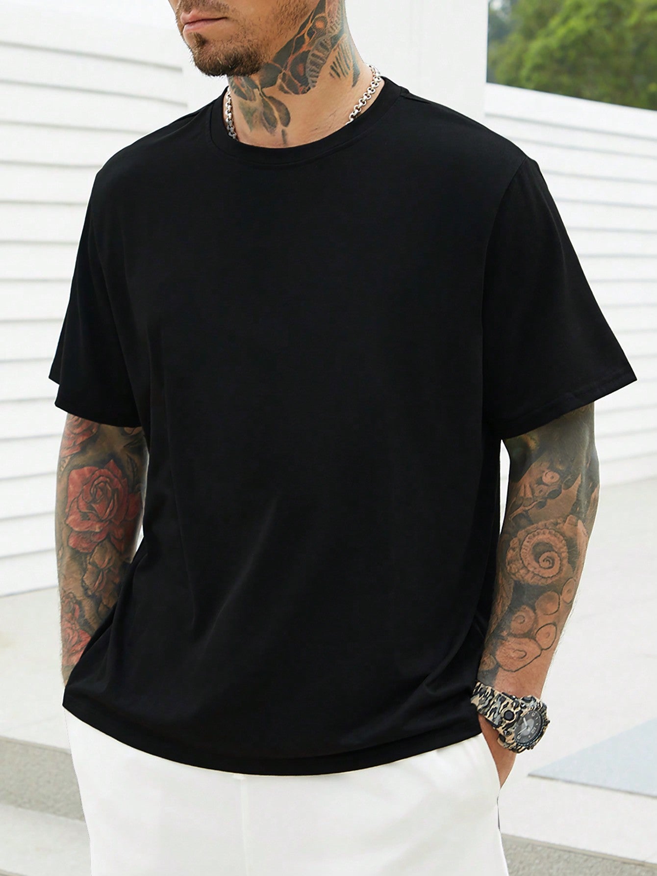 Men's Casual Solid Round Neck Tee - High Stretch, Short Sleeve, Regular Fit