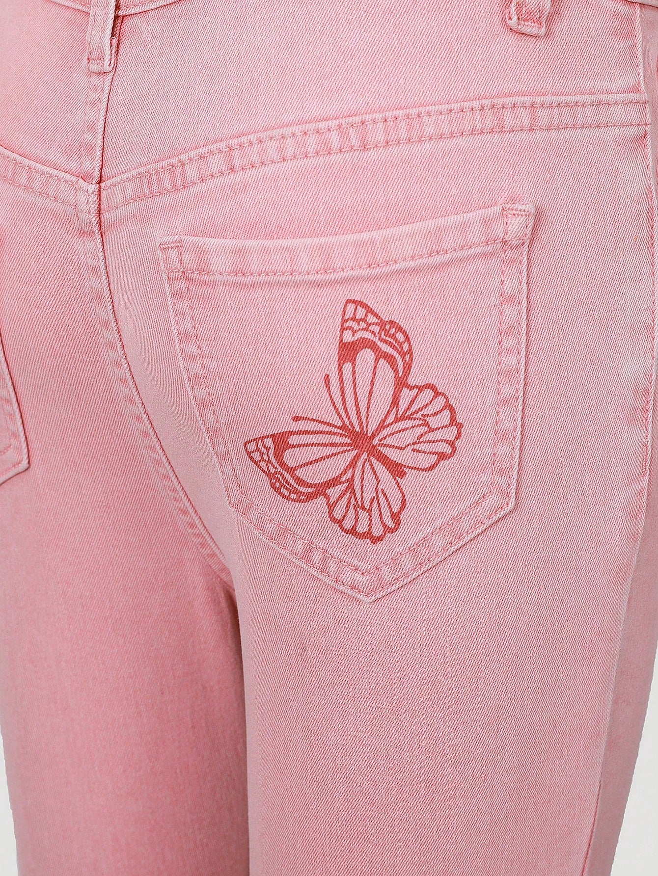 Tween Girl Butterfly Print Flare Leg Jeans - Medium Stretch Denim, Natural Waist