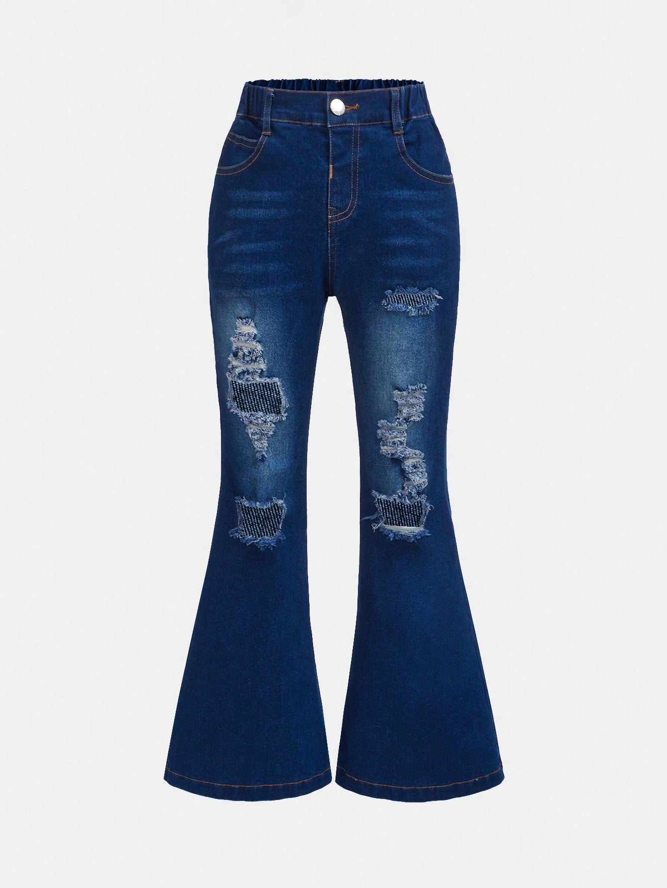 Girls' Casual Flared Jeans - Ripped, Distressed, High Stretch Denim, Zipper Fly