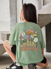 Tween Girl Casual Oversized Mushroom Slogan Tee - Drop Shoulder, Round Neck, Half Sleeve