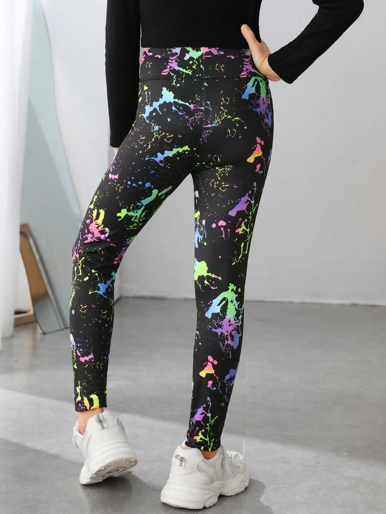 Reflective Splash Ink Print Leggings for Tween Girls - Graphic, Long, Stretchy, Knitted Fabric