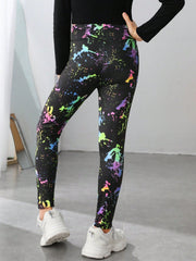 Reflective Splash Ink Print Leggings for Tween Girls - Graphic, Long, Stretchy, Knitted Fabric