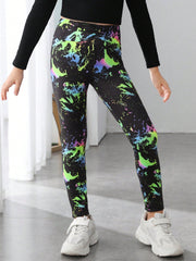 Reflective Splash Ink Print Leggings for Tween Girls - Graphic, Long, Stretchy, Knitted Fabric