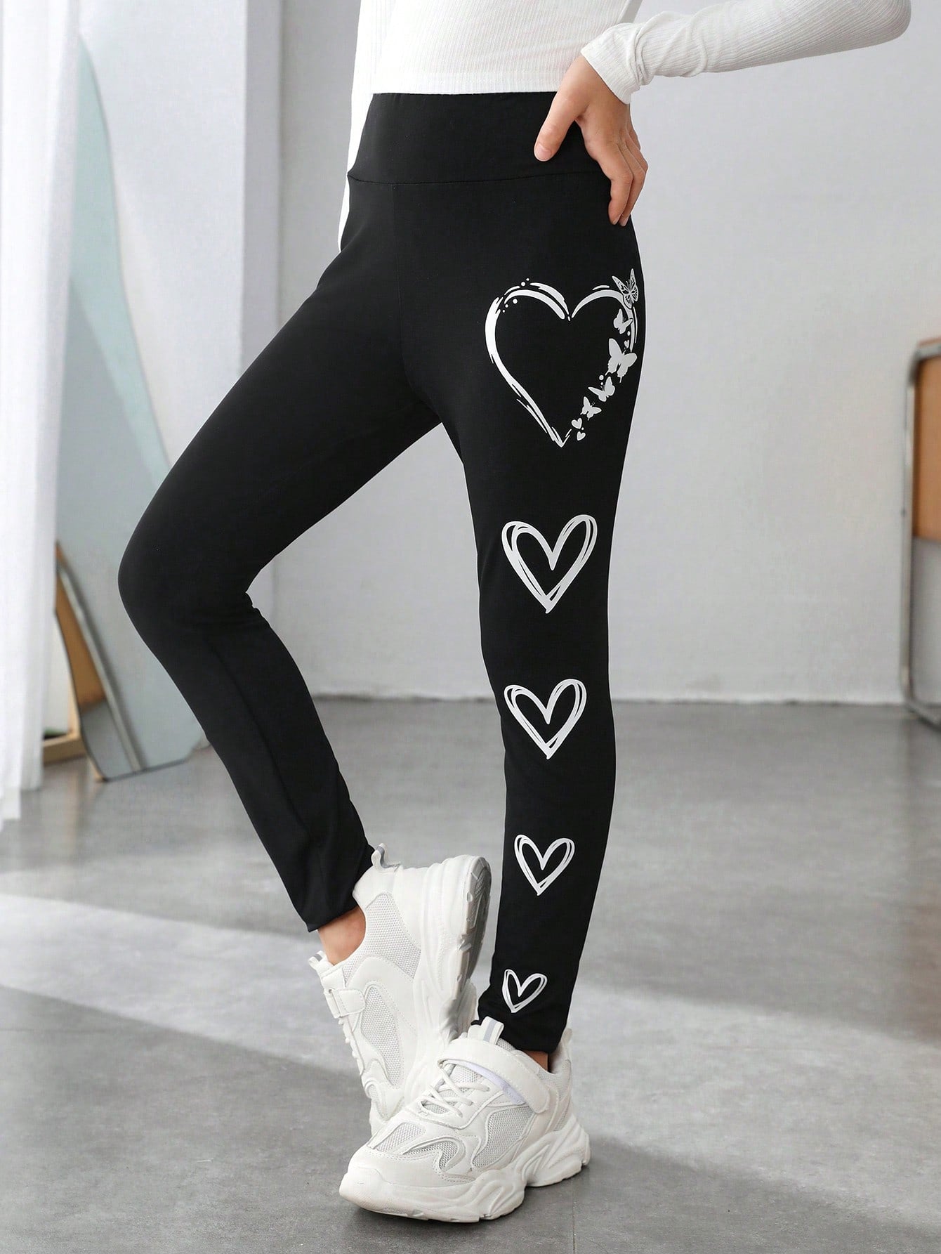 Tween Girl Heart Print Knitted Leggings - Long, Stretchy, Spring/Fall Wear