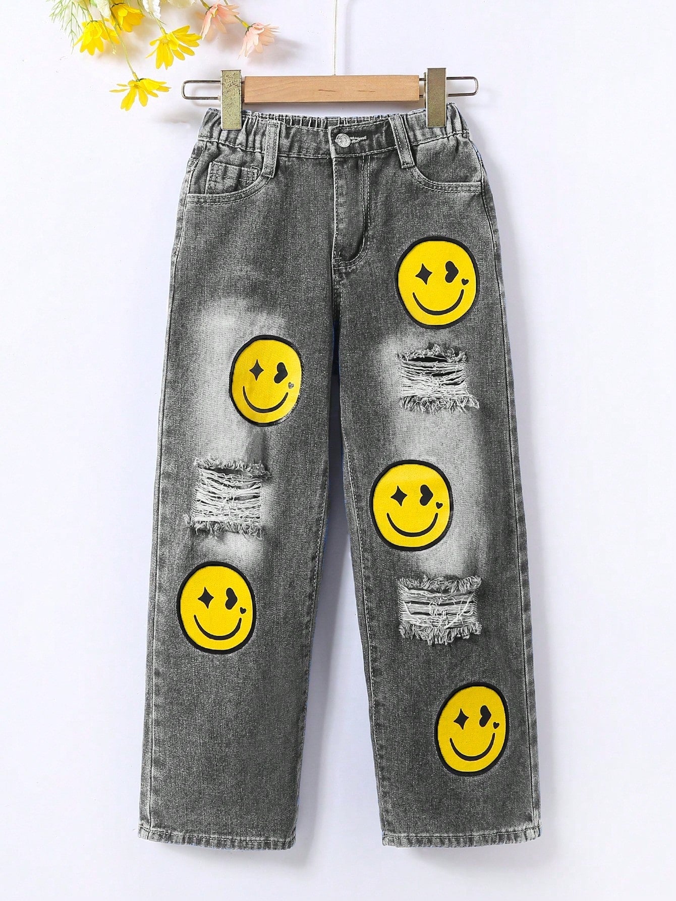 Tween Girl Cartoon Graphic Ripped Wide Leg Jeans - High Waist, Loose Fit, Denim