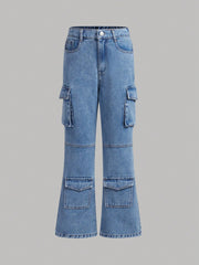 Tween Girl Flare Leg Cargo Jeans - Breathable Denim with Flap Pockets and Zipper Fly