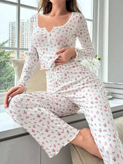 Ditsy Floral Print Lettuce Trim PJ Set / Pajama Set