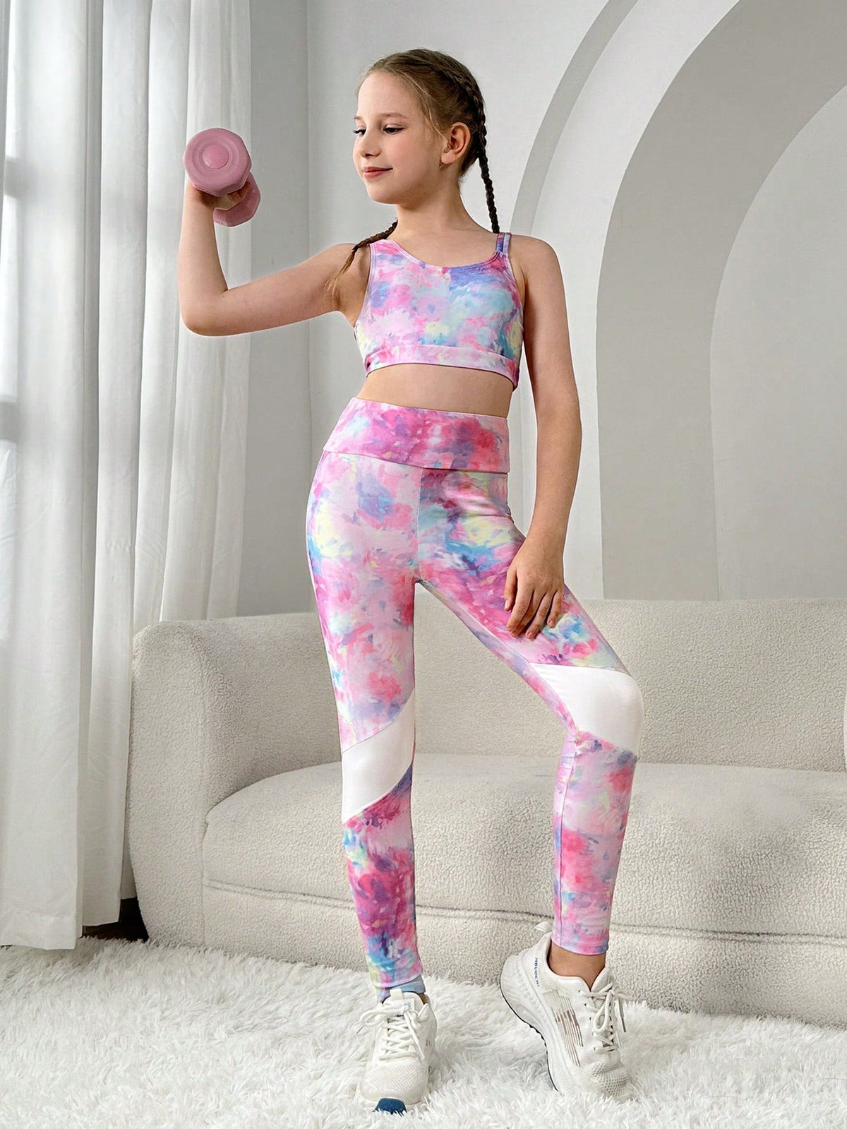 Tween Girl Tie Dye Sports Set - Sleeveless, Long Length, Removable Padding, Machine Washable