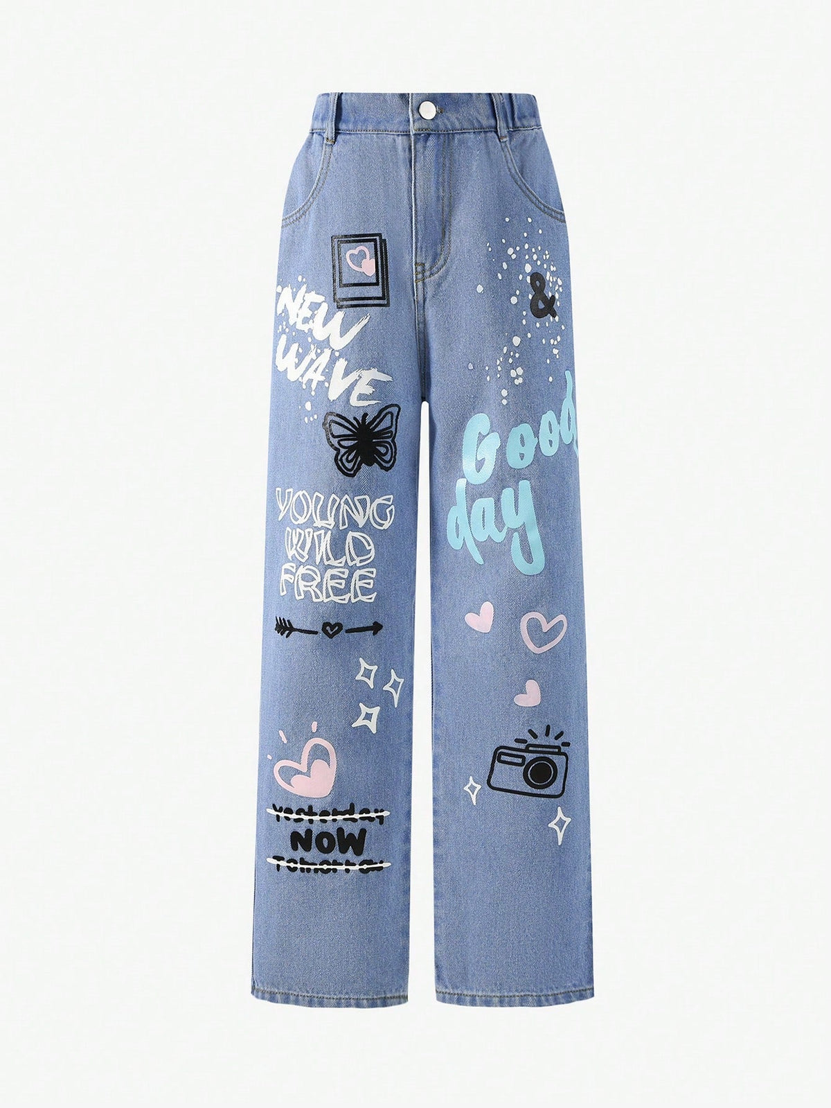 Tween Girl Wide Leg Jeans - Butterfly Print, Slogan, Zipper Fly, Denim