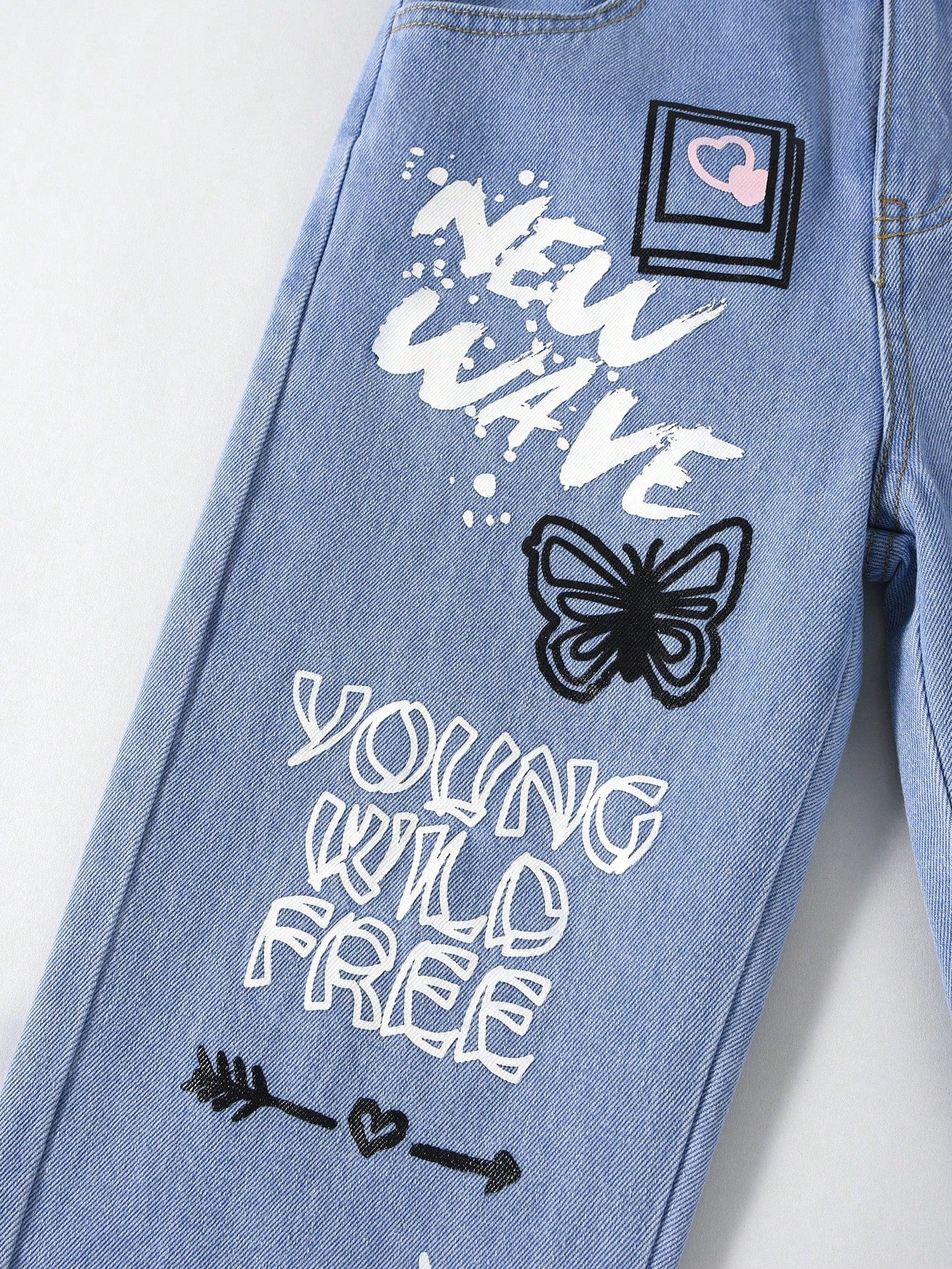 Tween Girl Wide Leg Jeans - Butterfly Print, Slogan, Zipper Fly, Denim