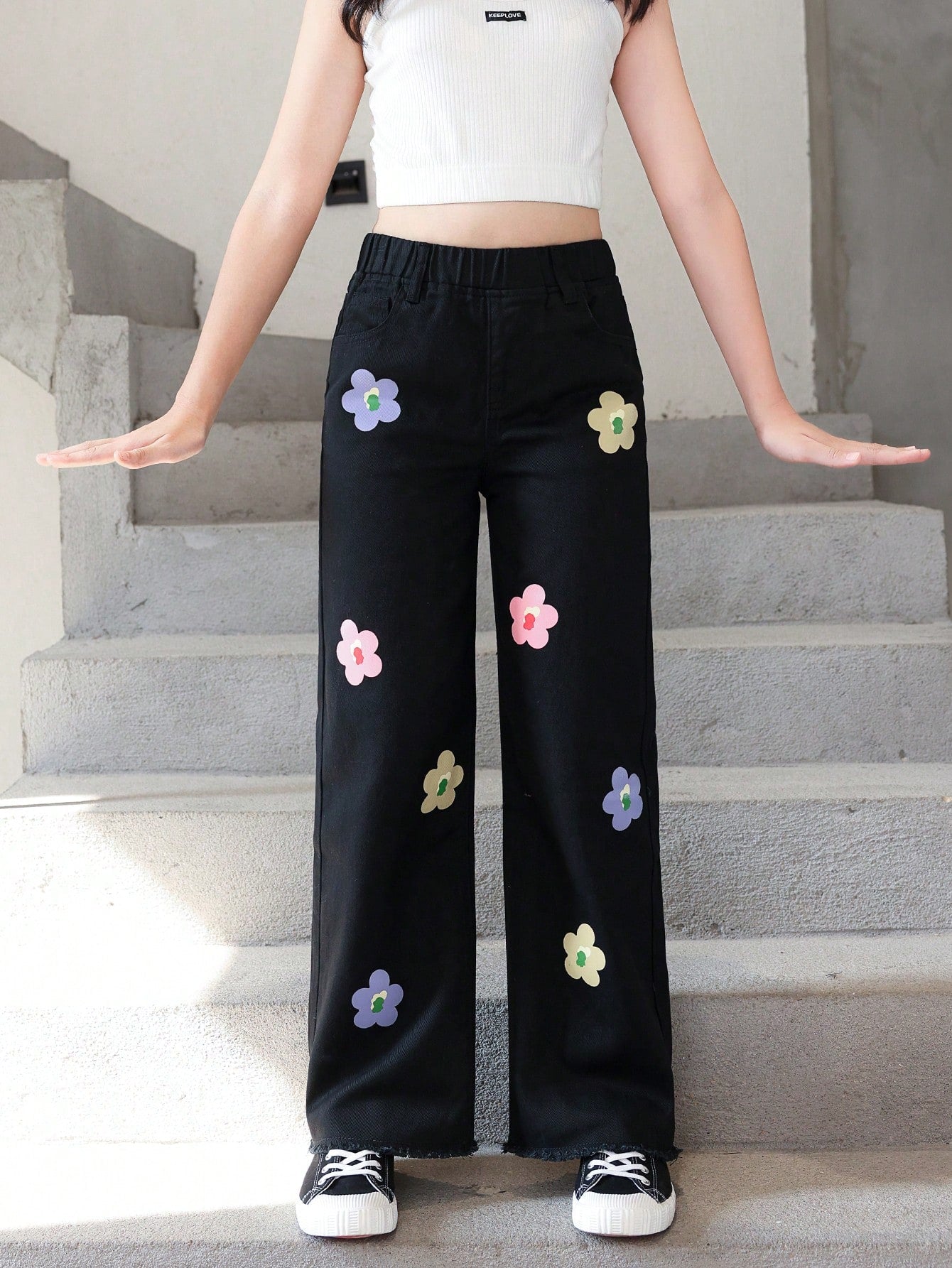 Cute Floral Print Tween Girl Jeans - Elastic Waist, 100% Cotton, Loose Fit