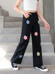 Tween Girl Floral Print Wide Leg Jeans - Elastic Waist, Pockets, 100% Cotton Denim