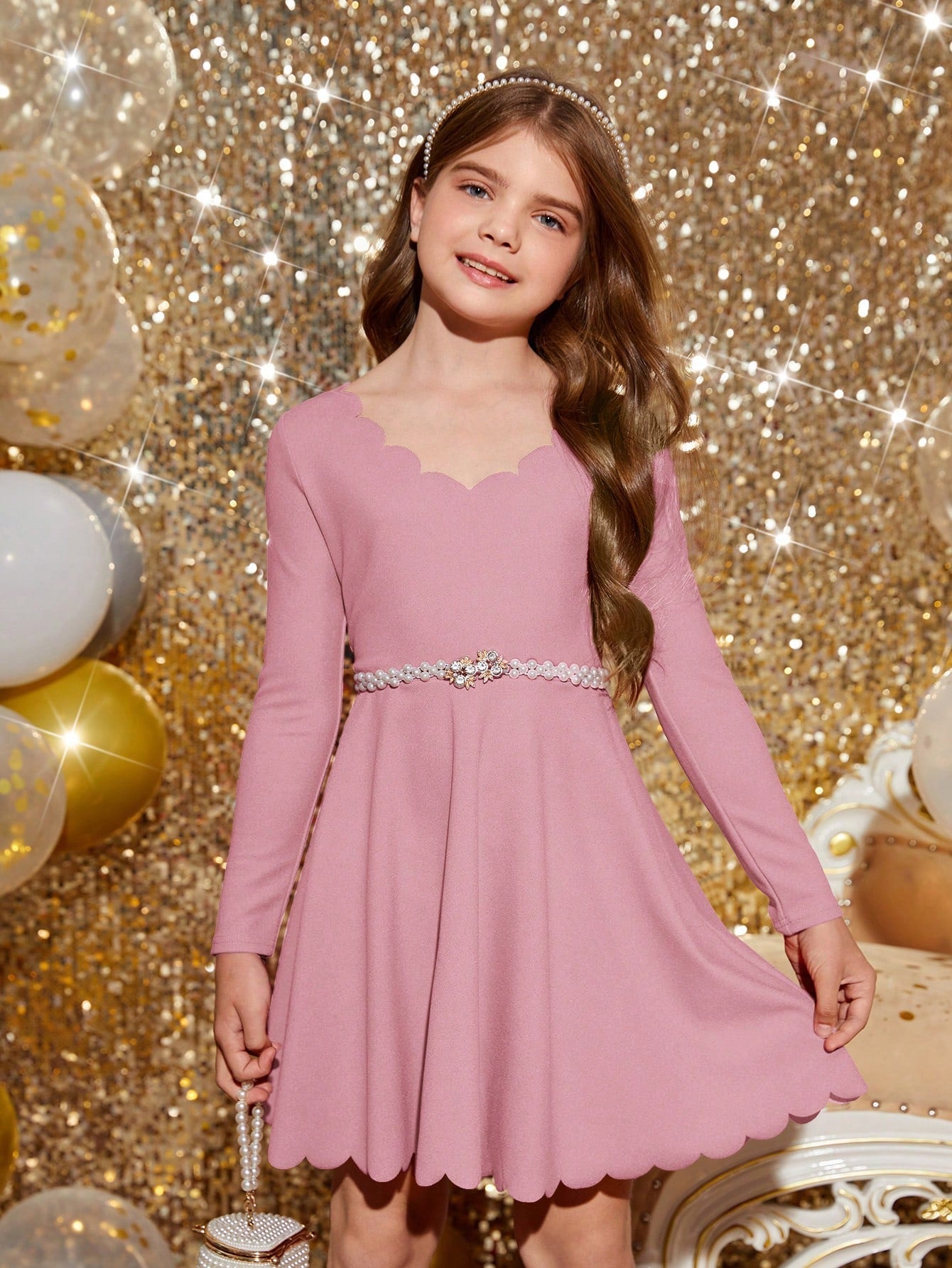 Tween Girl Casual V-Neck Long Sleeve Fit & Flare Dress - Spring/Autumn, Knitted Fabric