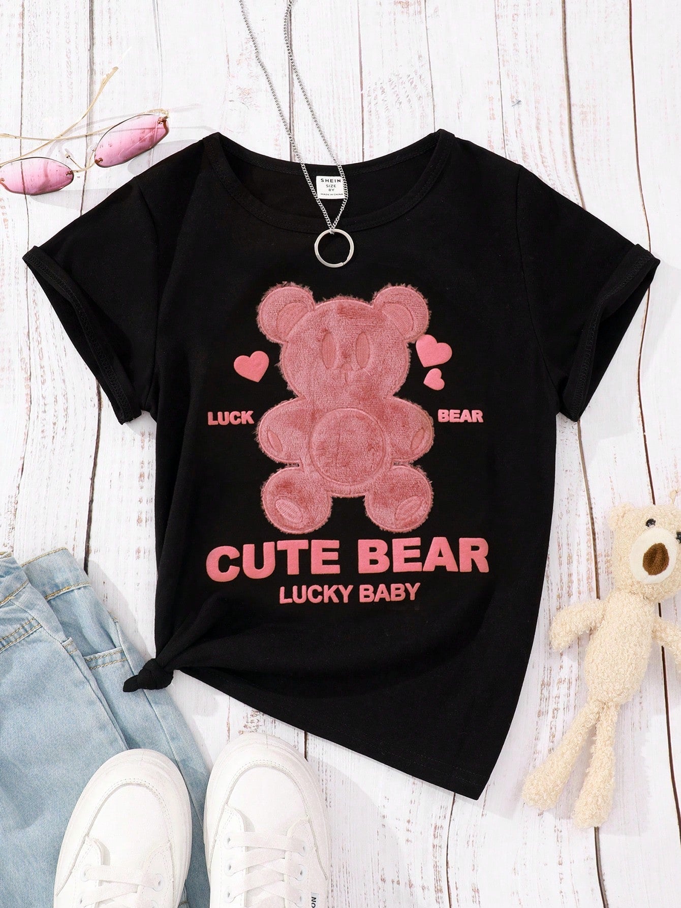 Tween Girl Casual Bear & Letter Graphic Tee - Round Neck, Short Sleeve, Regular Fit