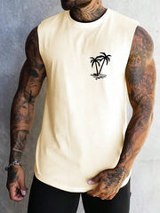 Men's Tropical Coconut Tree Sleeveless Tank Top, Casual, Round Neck, Stretch Fabric