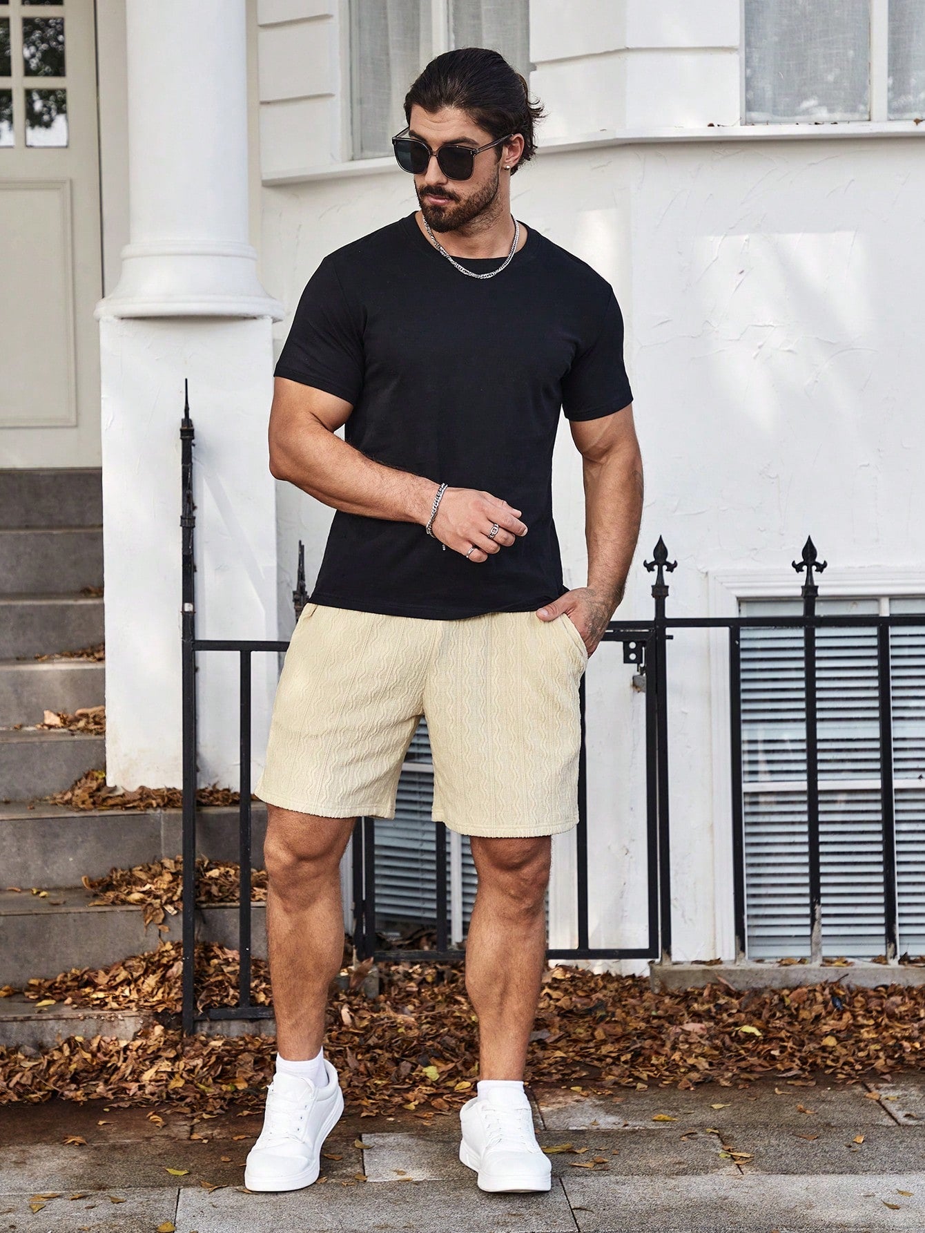 Men's Casual Loose Fit Drawstring Shorts with Pockets - Knitted Fabric, Plain Pattern