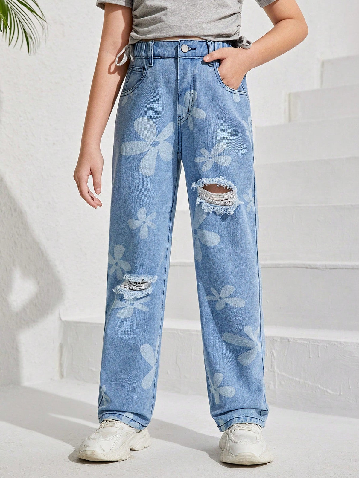 Tween Girls' Floral Distressed Straight Jeans - Cute, Casual, Zipper Fly, Denim