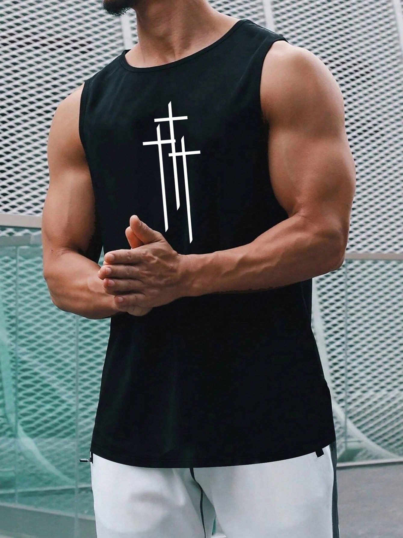 Men's Casual Summer Sleeveless Tank Top with Cross Print, Round Neck, Stretch Fabric