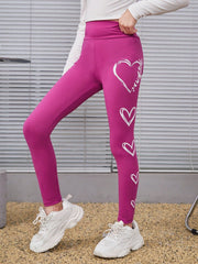 Tween Girl Heart Print Knitted Leggings - Long, Stretchy, Spring/Fall Wear