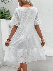 Boho Eyelet Embroidery Ruffle Hem Midi Dress - Short Sleeve, High Waist, Flounce Hem