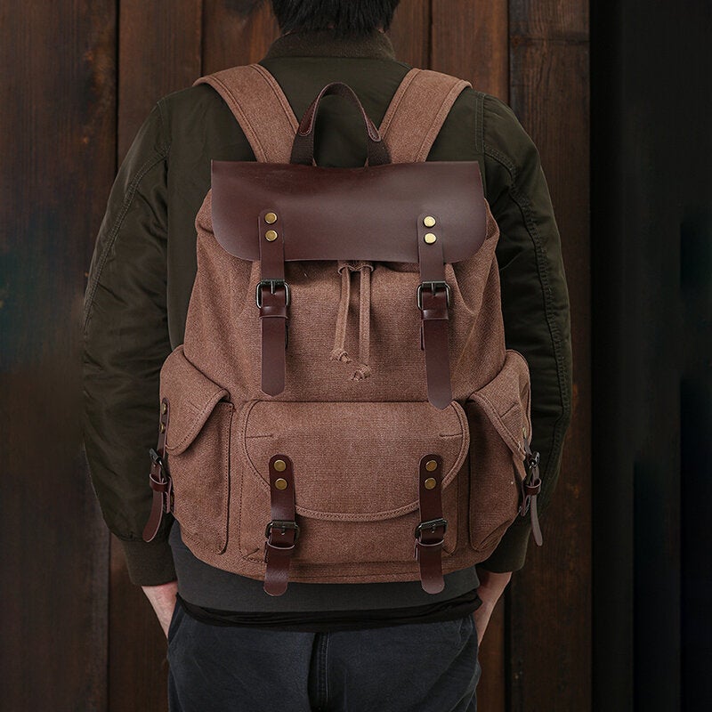 Men Oil Wax Canvas Casual Waterproof Multi-pocket Backpack Large Capacity 15.6 Inch Laptop Bag Shoulder Bag