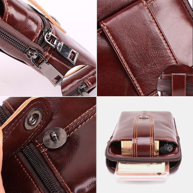 Men Genuine Leather Retro Large Capacity Waist Bag 6.5 Inch Phone Bag Belt Bag