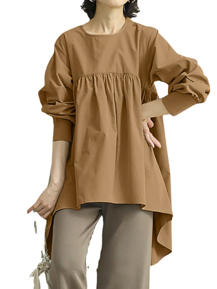 Women Puff Sleeve Loose Pleated Spliced Solid Back Button Casual Shirts