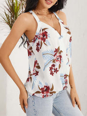 Floral Print Halter V-neck Patchwork Holiday Sleeveless Tank Top