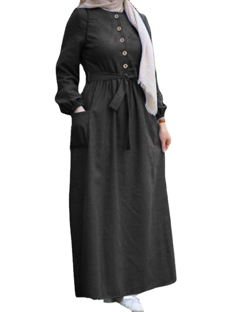 Women Plain Button Front Lace-Up Elastic Cuff Vintage Long Sleeve Maxi Dress With Pocket