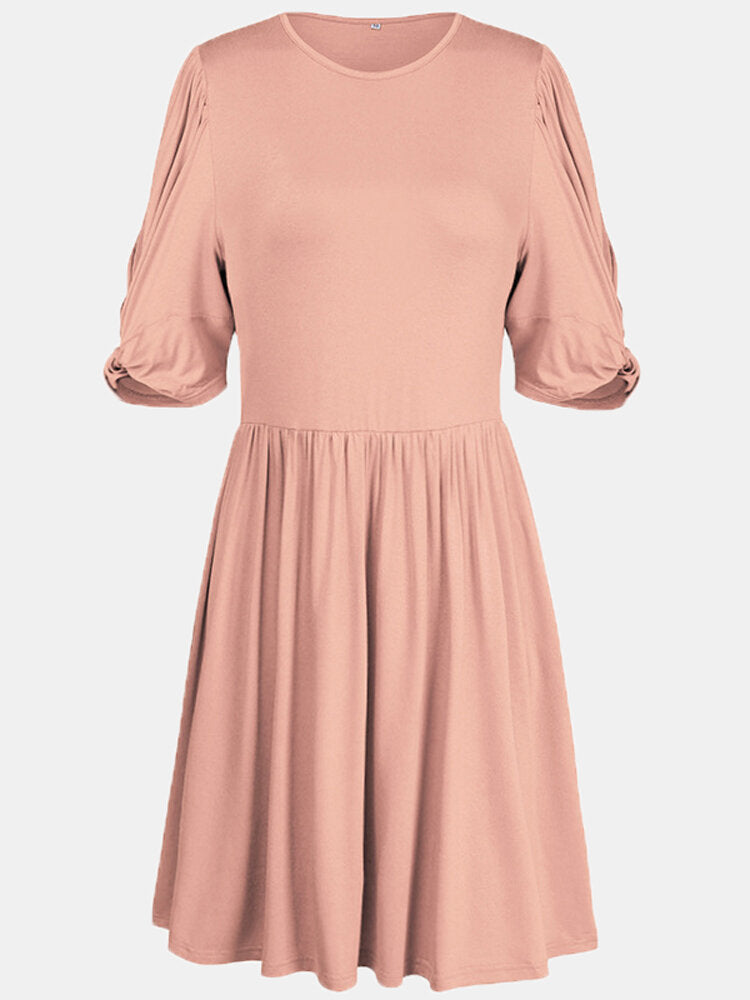 Women Pleats Solid Color Twist Sleeve Casual Dress