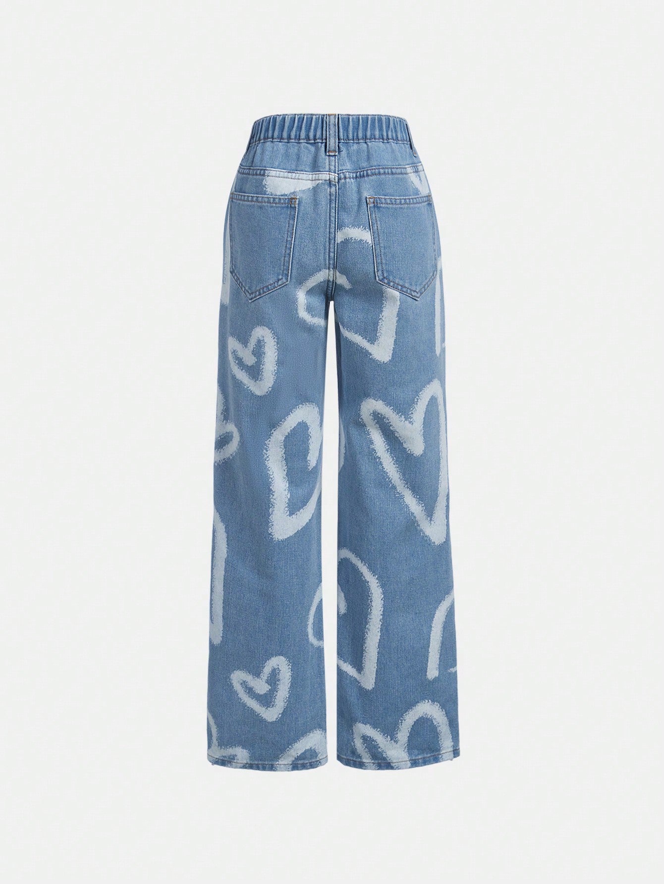 Tween Girl Heart Print Denim Pants - Loose Fit, Zipper Fly, Straight Leg