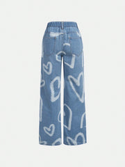 Tween Girl Heart Print Denim Pants - Loose Fit, Zipper Fly, Straight Leg