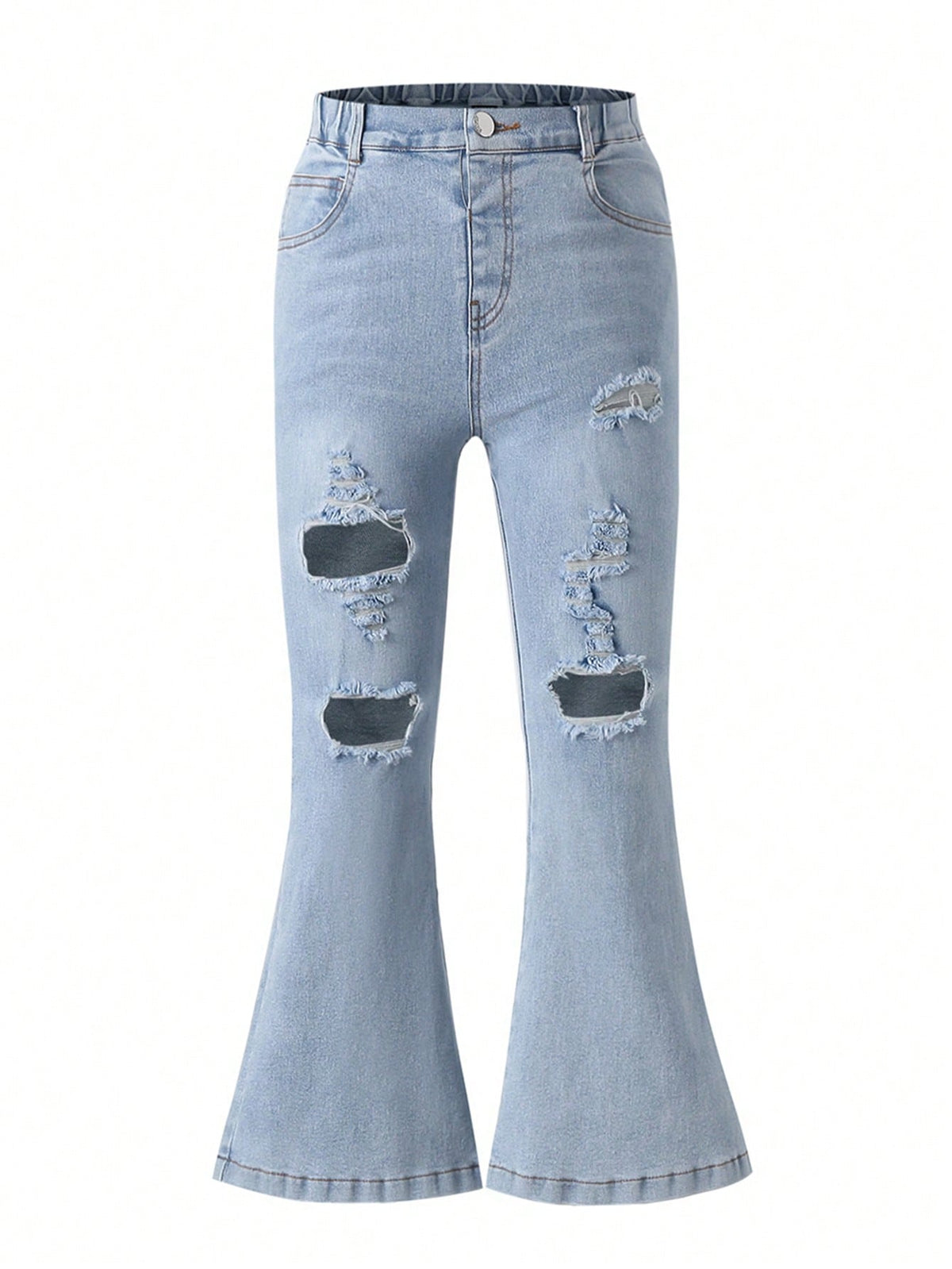 Girls' Casual Flared Jeans - Ripped, Distressed, High Stretch Denim, Zipper Fly