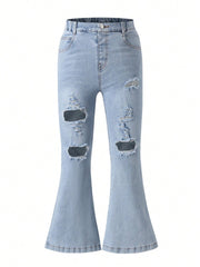 Girls' Casual Flared Jeans - Ripped, Distressed, High Stretch Denim, Zipper Fly