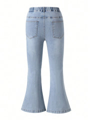 Girls' Casual Flared Jeans - Ripped, Distressed, High Stretch Denim, Zipper Fly